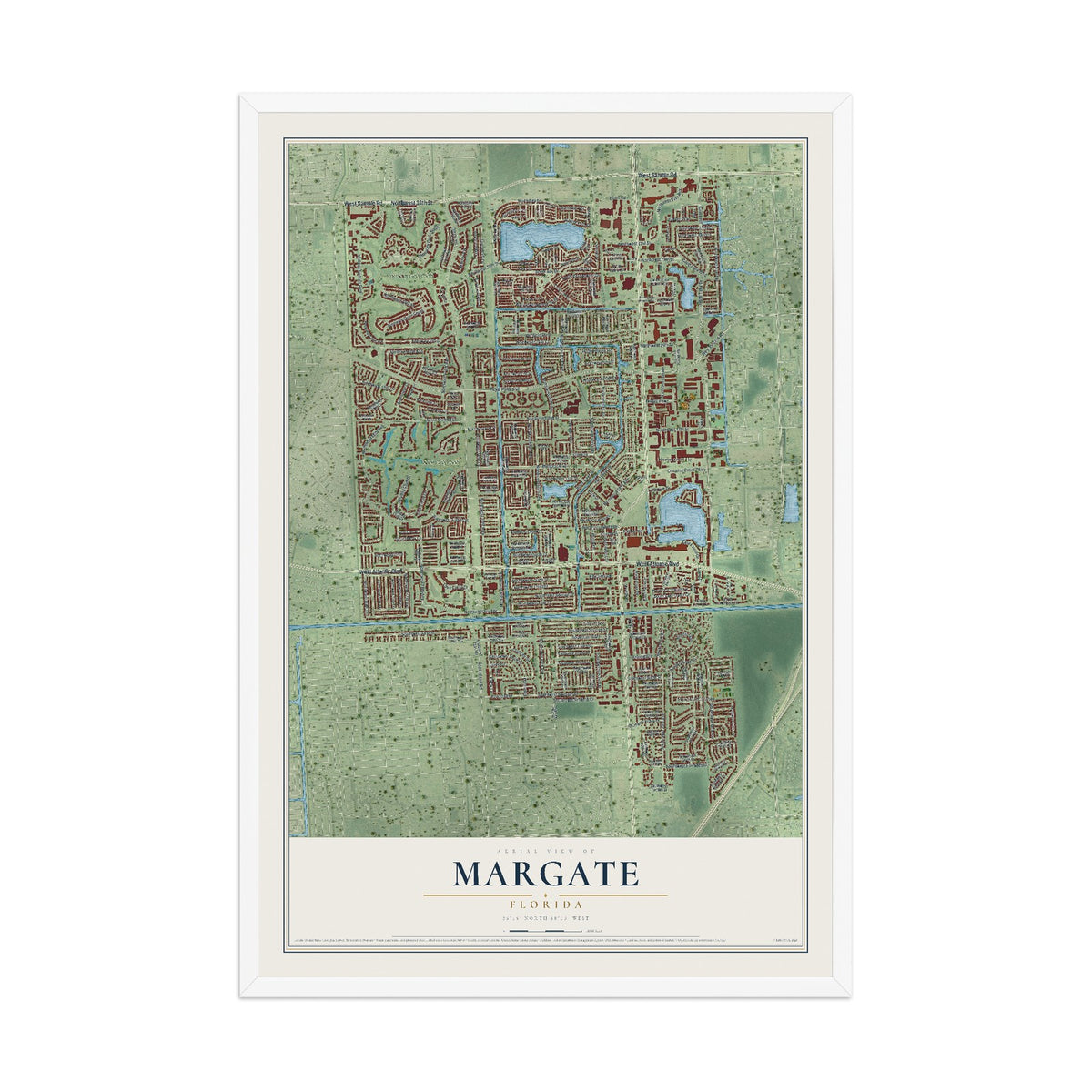 Margate, Florida map print, 12" x 18" W/ White Ayous Wood Frame mockup