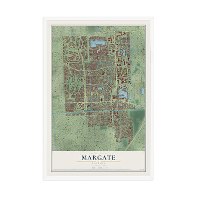 Margate, Florida map print, 12" x 18" W/ White Ayous Wood Frame mockup