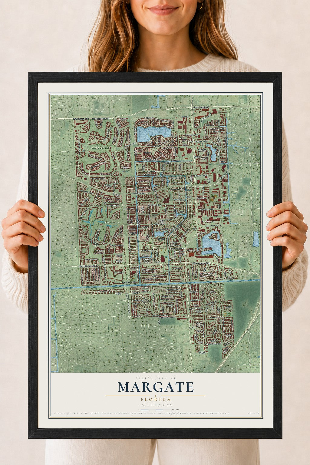 Margate, Florida map print, 18" x 24" W/ Black Ayous Wood Frame mockup