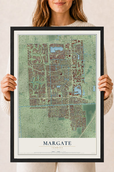 Margate, Florida map print, 18" x 24" W/ Black Ayous Wood Frame mockup