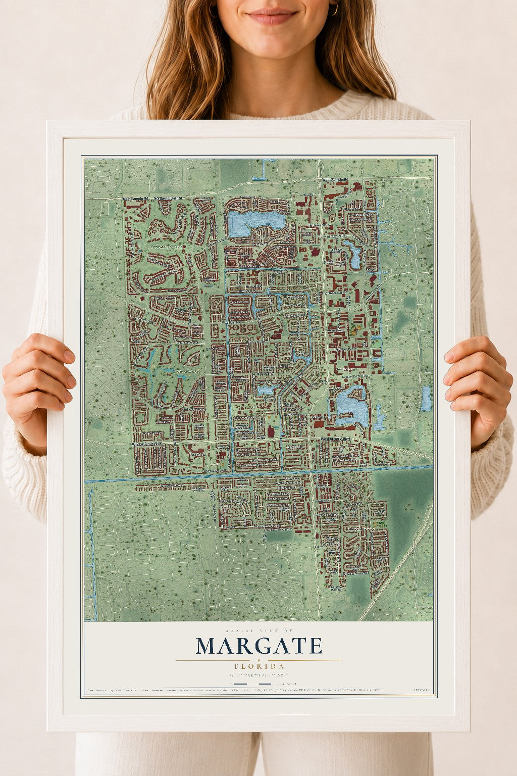 Margate, Florida map print, 18" x 24" W/ White Ayous Wood Frame mockup