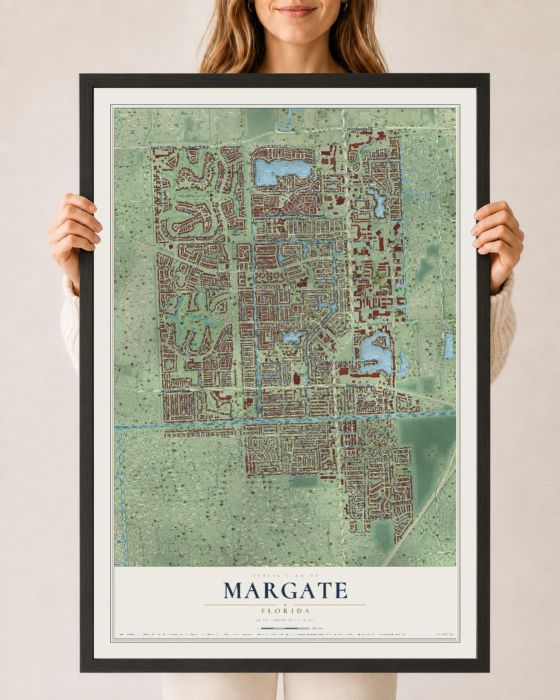 Margate, Florida map print, 24" x 36" W/ Black Ayous Wood Frame mockup