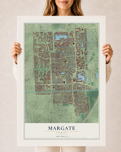 Margate, Florida map print, 24" x 36" W/ White Ayous Wood Frame mockup