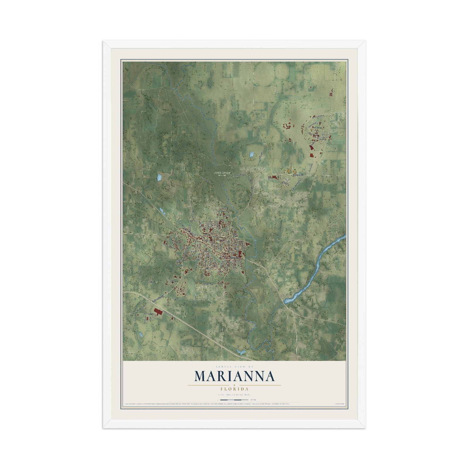 Marianna, Florida map print, 12" x 18" W/ White Ayous Wood Frame mockup