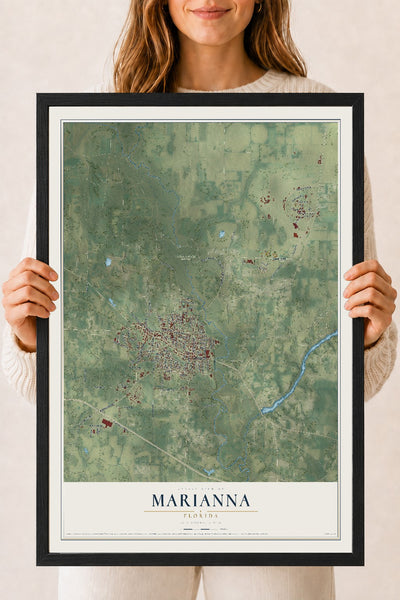 Marianna, Florida map print, 18" x 24" W/ Black Ayous Wood Frame mockup