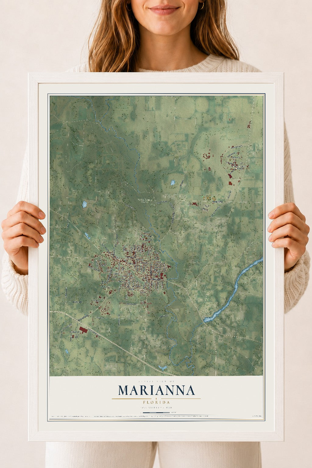 Marianna, Florida map print, 18" x 24" W/ White Ayous Wood Frame mockup