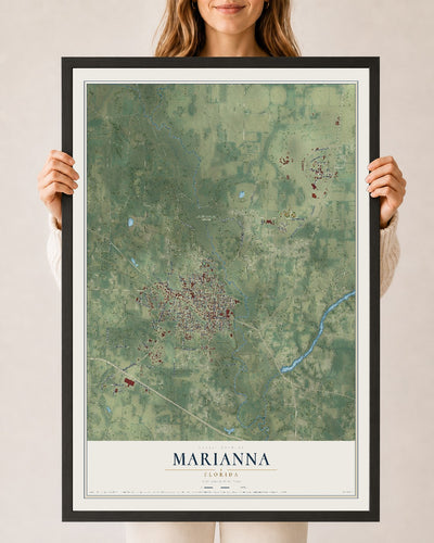 Marianna, Florida map print, 24" x 36" W/ Black Ayous Wood Frame mockup