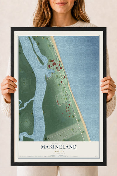 Marineland, Florida map print, 18" x 24" W/ Black Ayous Wood Frame mockup