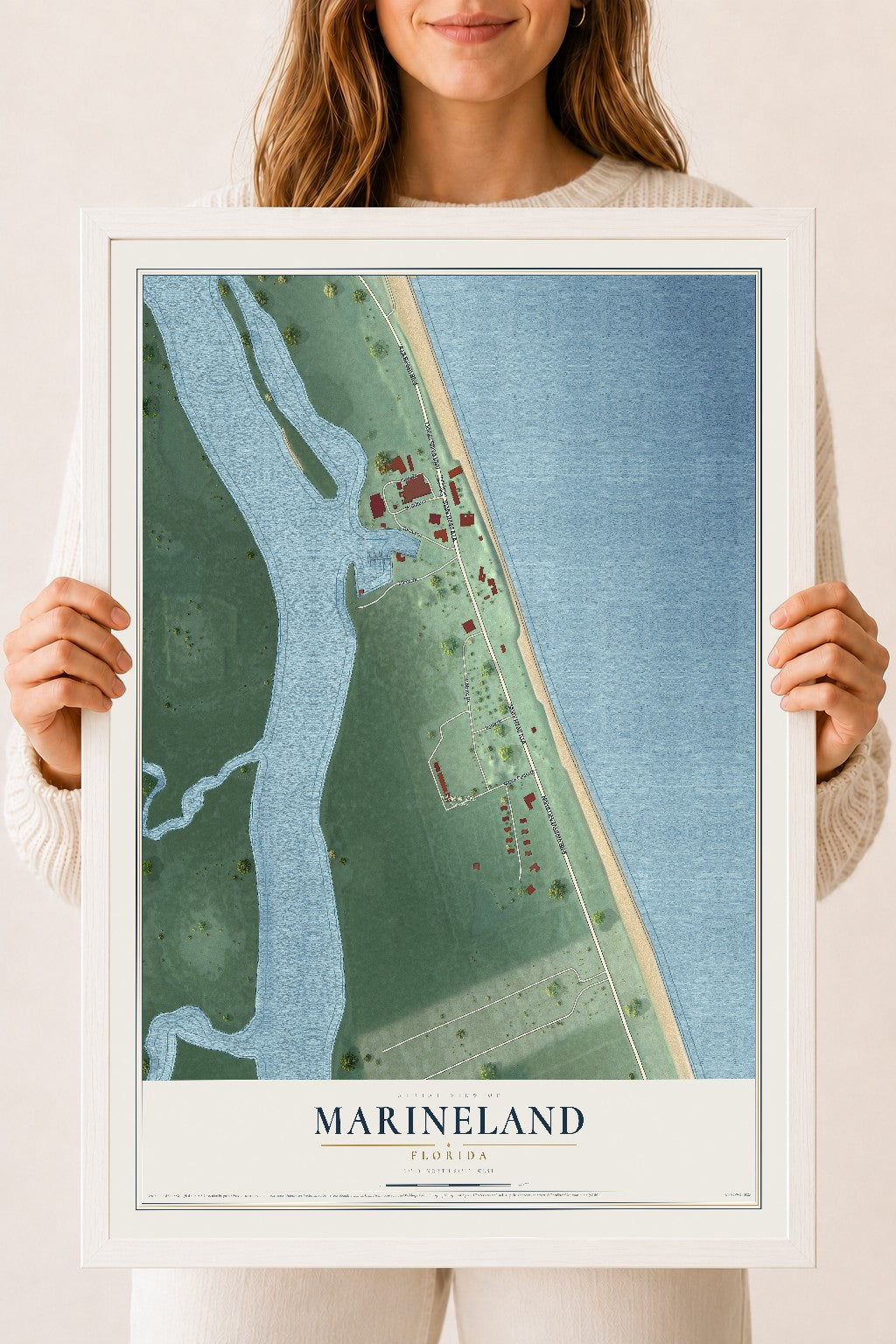 Marineland, Florida map print, 18" x 24" W/ White Ayous Wood Frame mockup