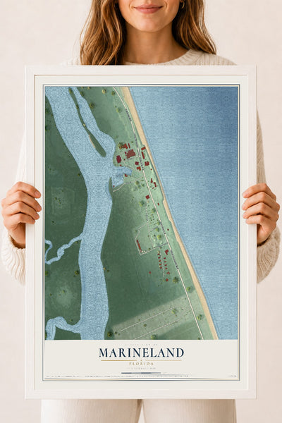 Marineland, Florida map print, 18" x 24" W/ White Ayous Wood Frame mockup