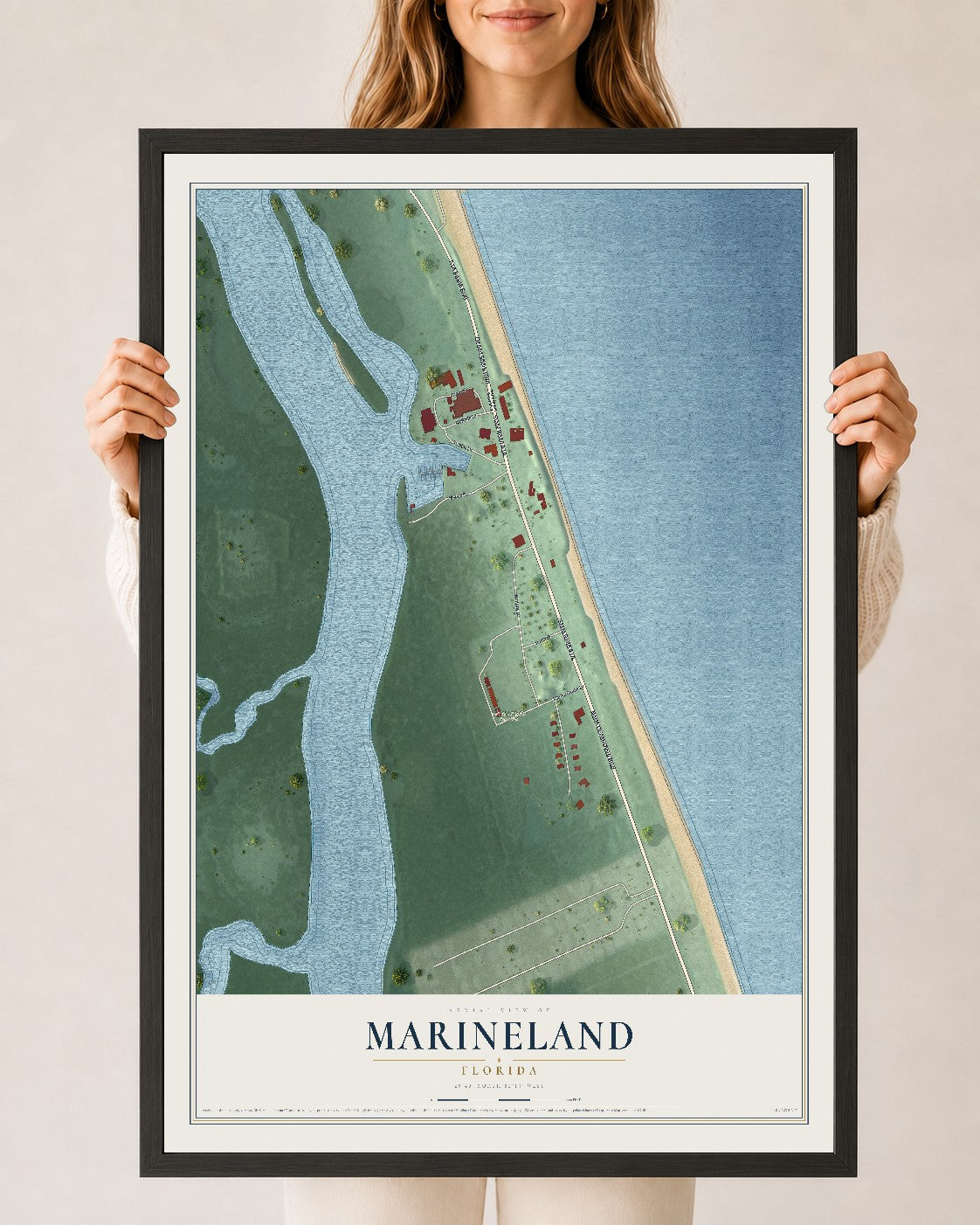Marineland, Florida map print, 24" x 36" W/ Black Ayous Wood Frame mockup