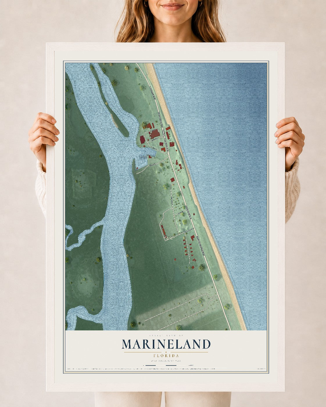 Marineland, Florida map print, 24" x 36" W/ White Ayous Wood Frame mockup