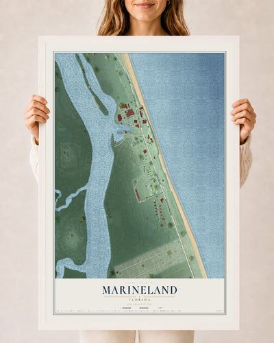 Marineland, Florida map print, 24" x 36" W/ White Ayous Wood Frame mockup