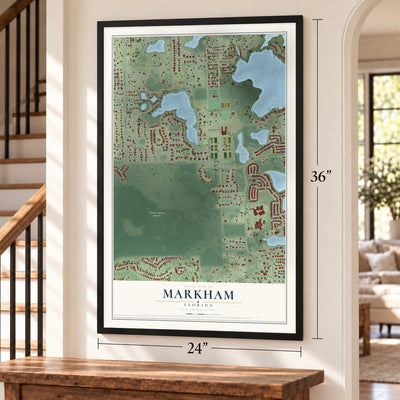 Markham, Florida map, 24 x 36 inch print in a black frame by a staircase