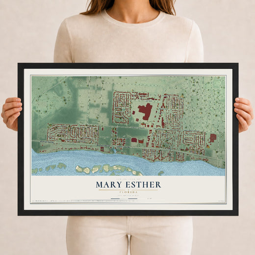 Map of Mary Esther, Florida, 12 x 18 inch print in a black wood frame