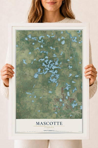 Mascotte, Florida map print, 18" x 24" W/ White Ayous Wood Frame mockup