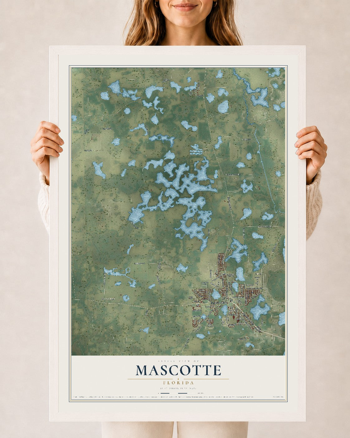 Mascotte, Florida map print, 24" x 36" W/ White Ayous Wood Frame mockup