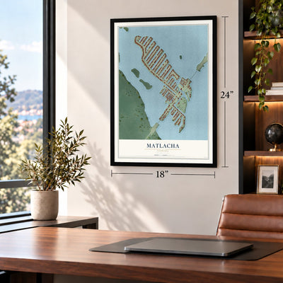 Matlacha, Florida map, 18 x 24 inch print in a black frame in a home office