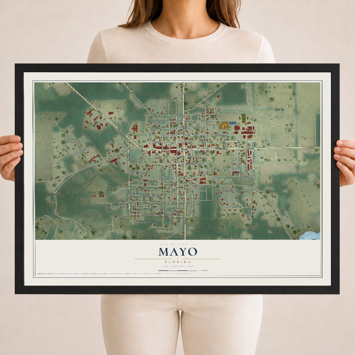 Mayo, Florida map print, 18" x 24" W/ Black Ayous Wood Frame mockup
