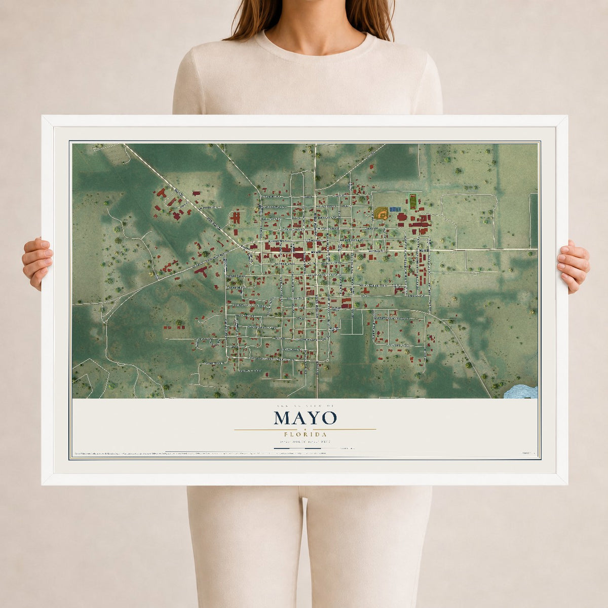 Mayo, Florida map print, 24" x 36" W/ White Ayous Wood Frame mockup