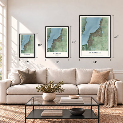 McGregor, Florida map in 12 x 18, 18 x 24 and 24 x 36 inch sizes above a sofa
