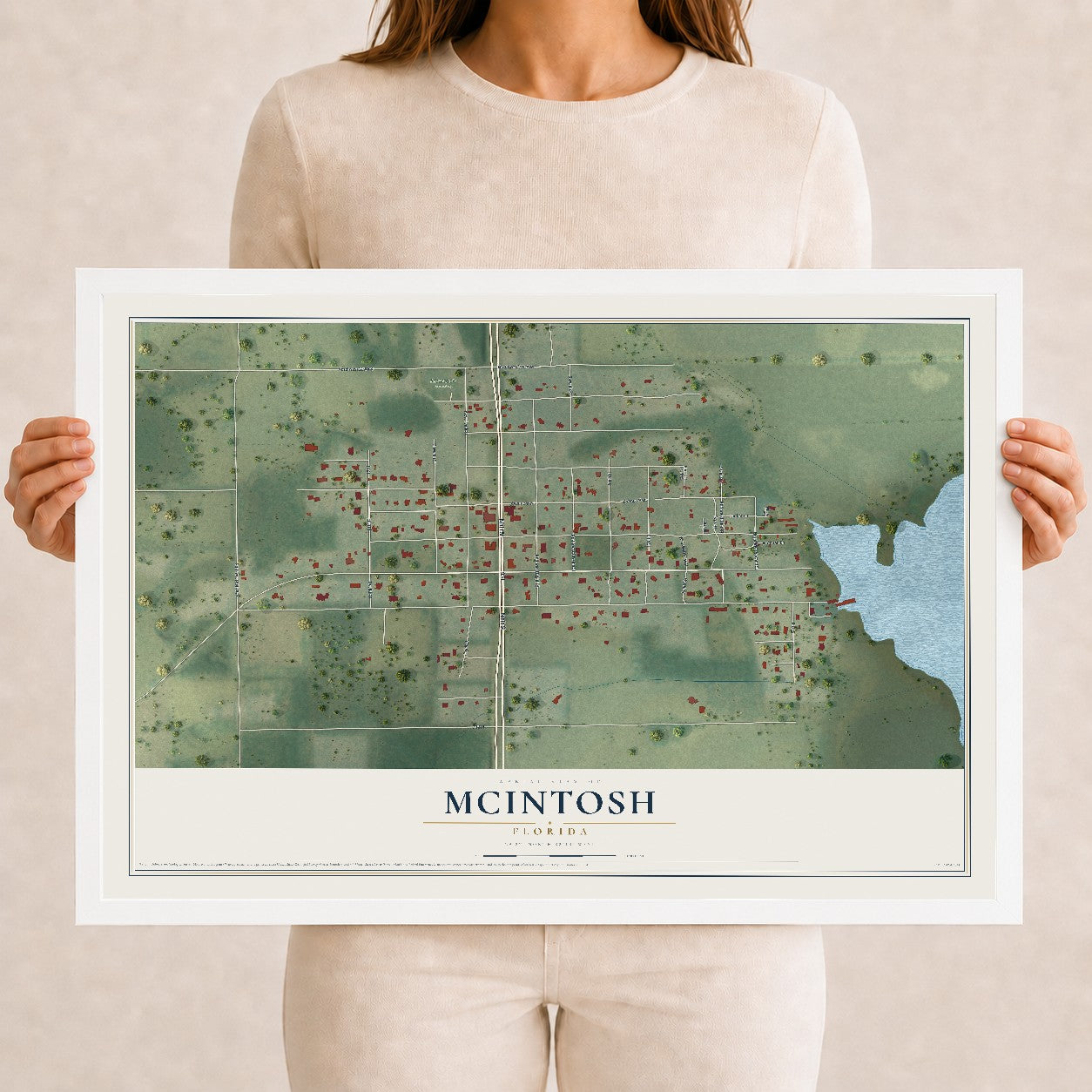 McIntosh, Florida map print, 12" x 18" W/ White Ayous Wood Frame mockup