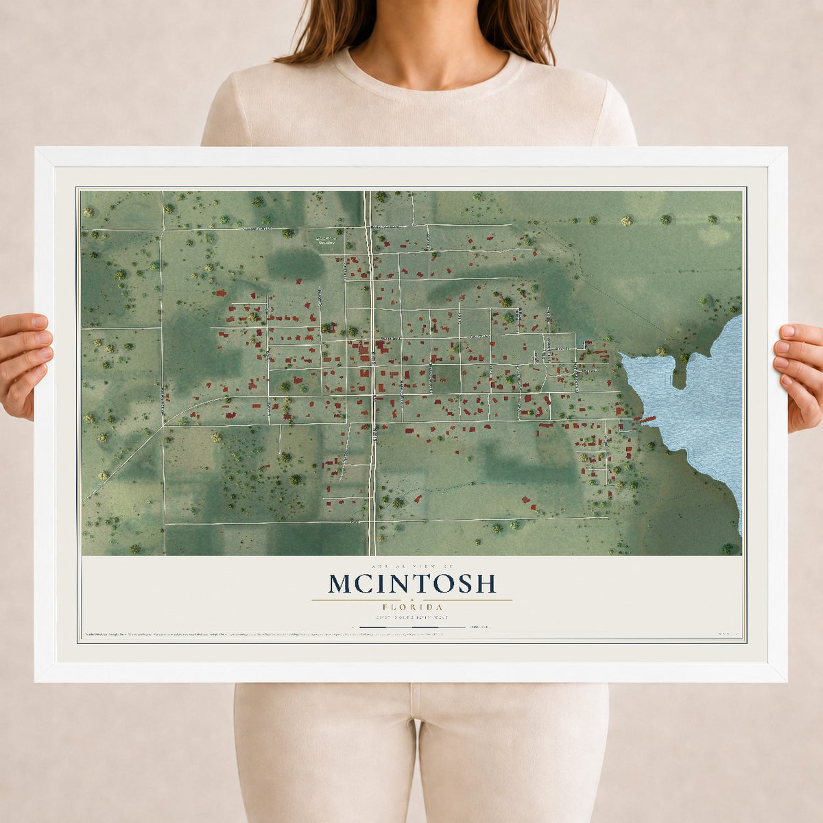 McIntosh, Florida map print, 18" x 24" W/ White Ayous Wood Frame mockup