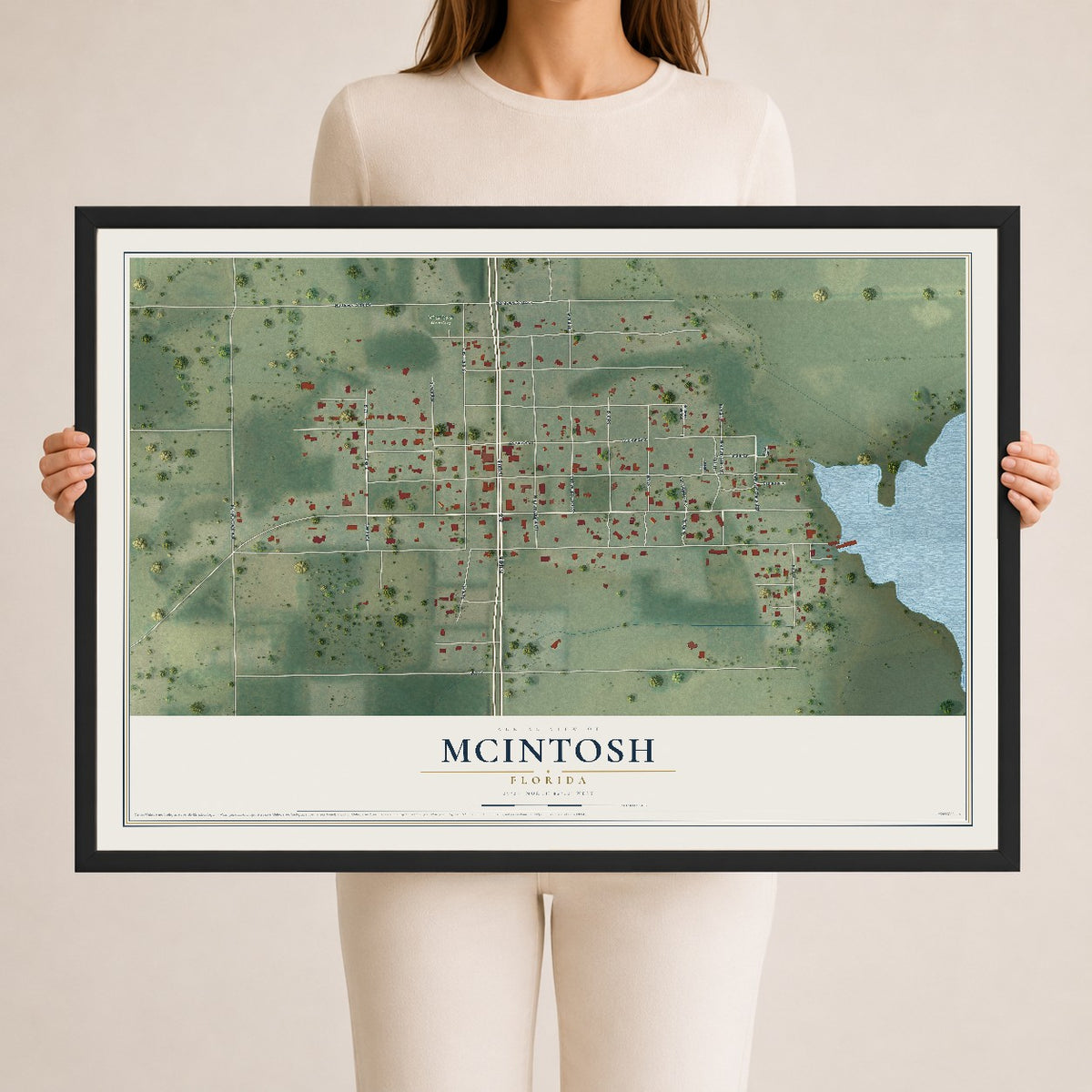 McIntosh, Florida map print, 24" x 36" W/ Black Ayous Wood Frame mockup