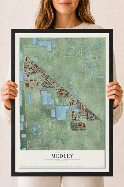 Medley, Florida map print, 18" x 24" W/ Black Ayous Wood Frame mockup