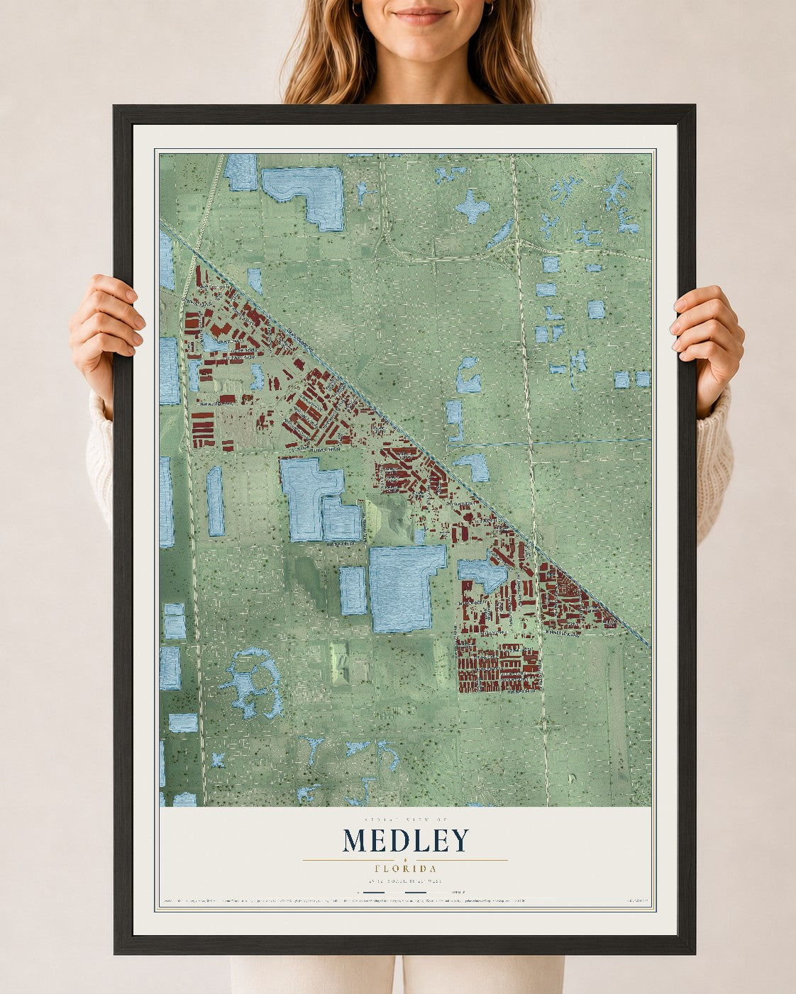 Medley, Florida map print, 24" x 36" W/ Black Ayous Wood Frame mockup
