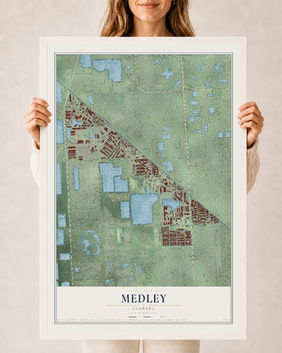 Medley, Florida map print, 24" x 36" W/ White Ayous Wood Frame mockup