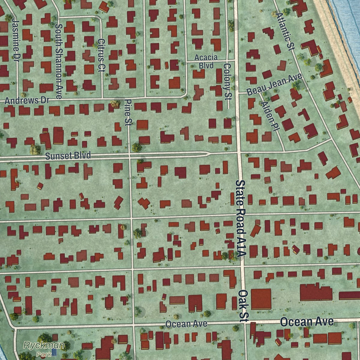 Close-up 2 of the Melbourne Beach, Florida map artwork