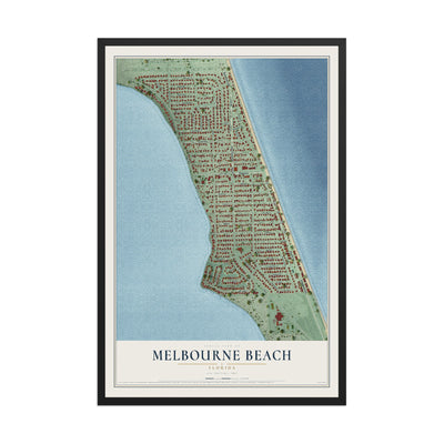 Melbourne Beach, Florida map print, 12" x 18" W/ Black Ayous Wood Frame mockup