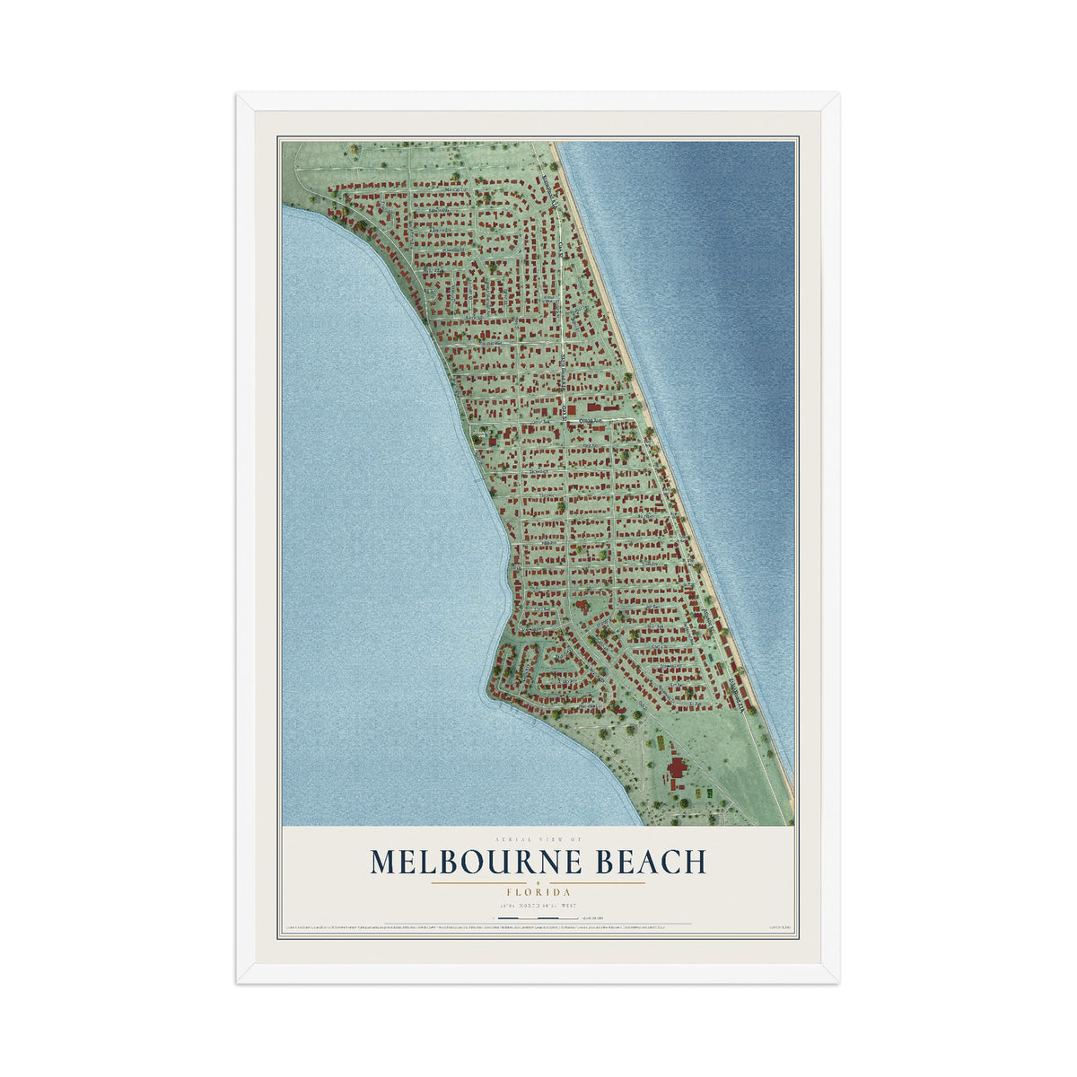 Melbourne Beach, Florida map print, 12" x 18" W/ White Ayous Wood Frame mockup