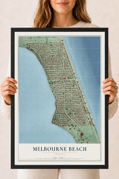 Melbourne Beach, Florida map print, 18" x 24" W/ Black Ayous Wood Frame mockup