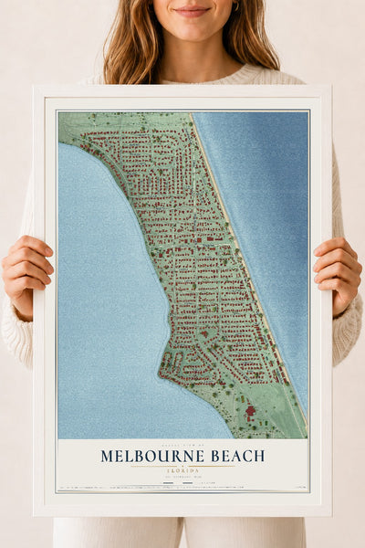 Melbourne Beach, Florida map print, 18" x 24" W/ White Ayous Wood Frame mockup