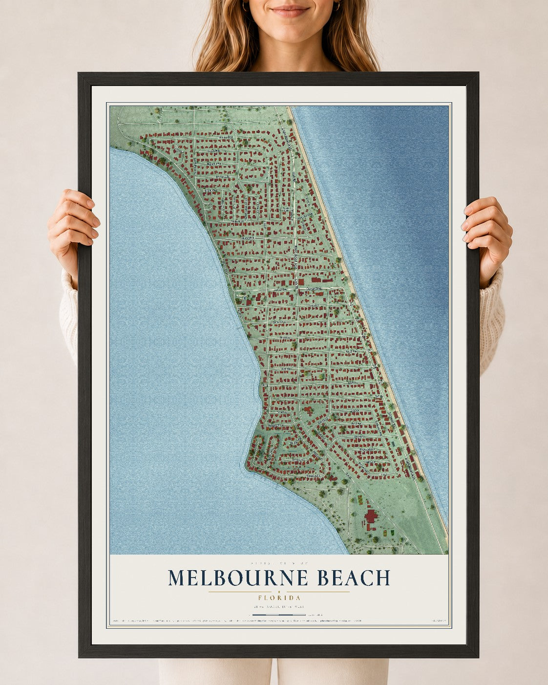 Melbourne Beach, Florida map print, 24" x 36" W/ Black Ayous Wood Frame mockup