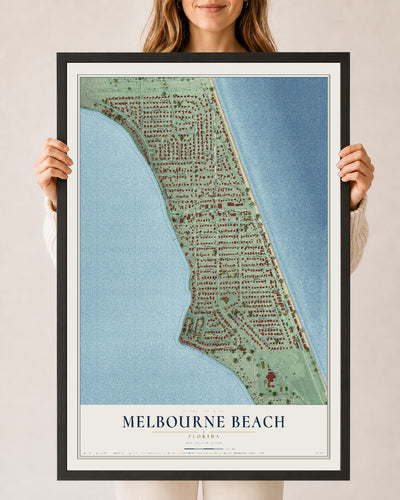 Melbourne Beach, Florida map print, 24" x 36" W/ Black Ayous Wood Frame mockup