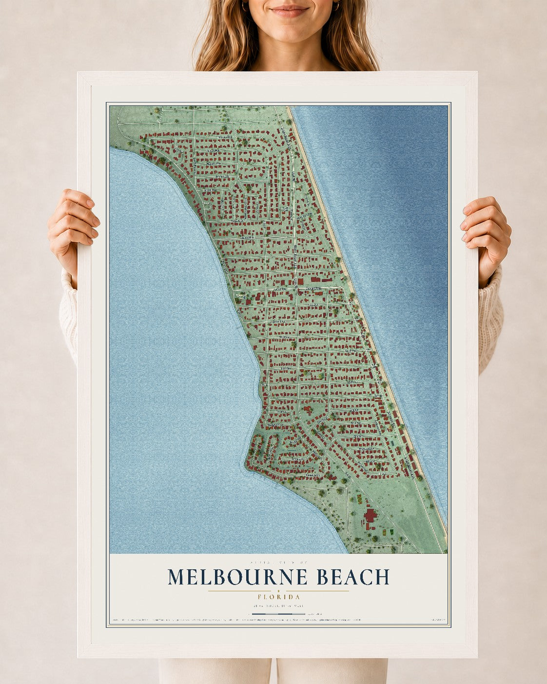 Melbourne Beach, Florida map print, 24" x 36" W/ White Ayous Wood Frame mockup