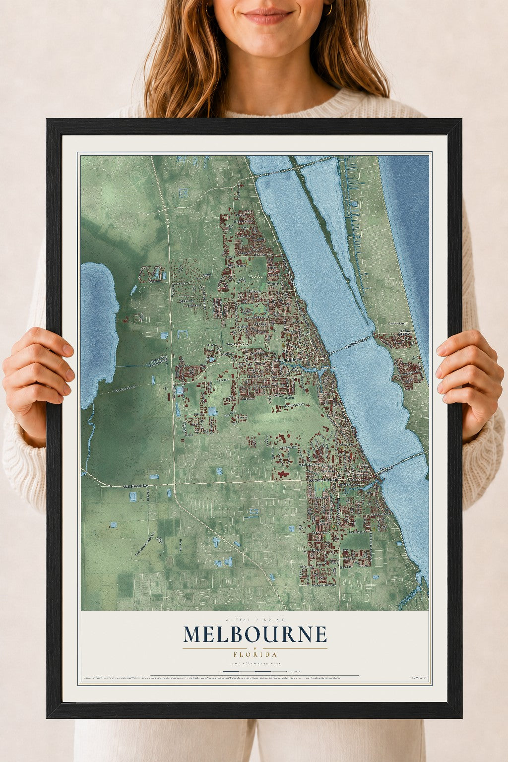 Melbourne, Florida map print, 18" x 24" W/ Black Ayous Wood Frame mockup