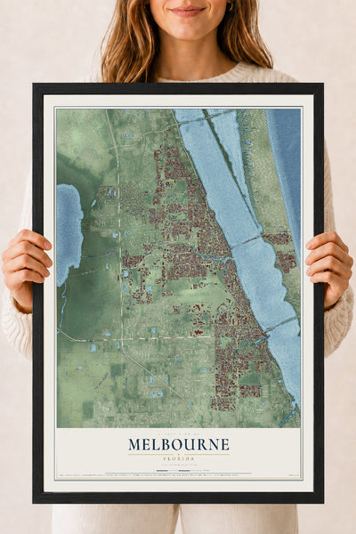 Melbourne, Florida map print, 18" x 24" W/ Black Ayous Wood Frame mockup