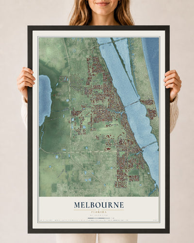 Melbourne, Florida map print, 24" x 36" W/ Black Ayous Wood Frame mockup