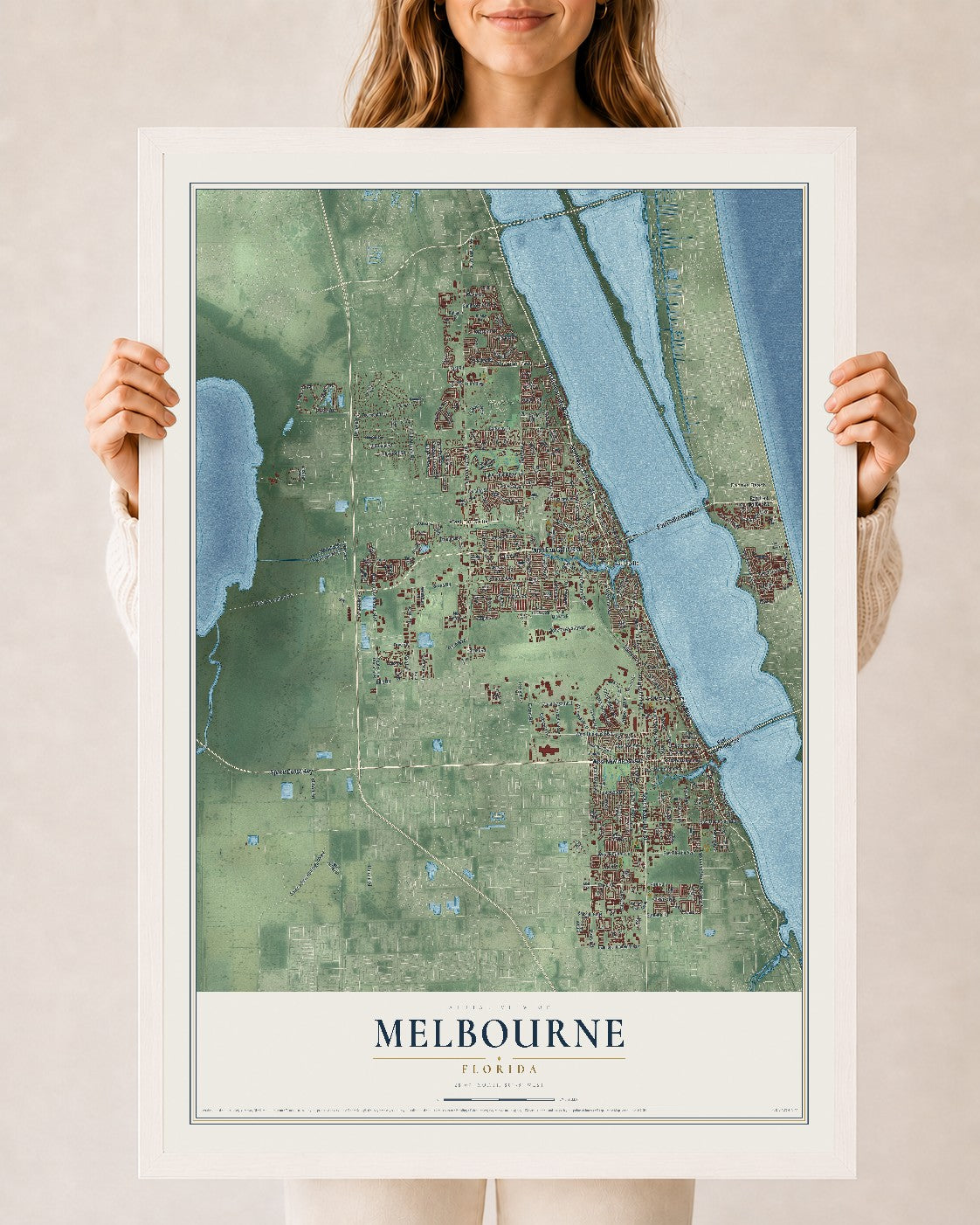 Melbourne, Florida map print, 24" x 36" W/ White Ayous Wood Frame mockup