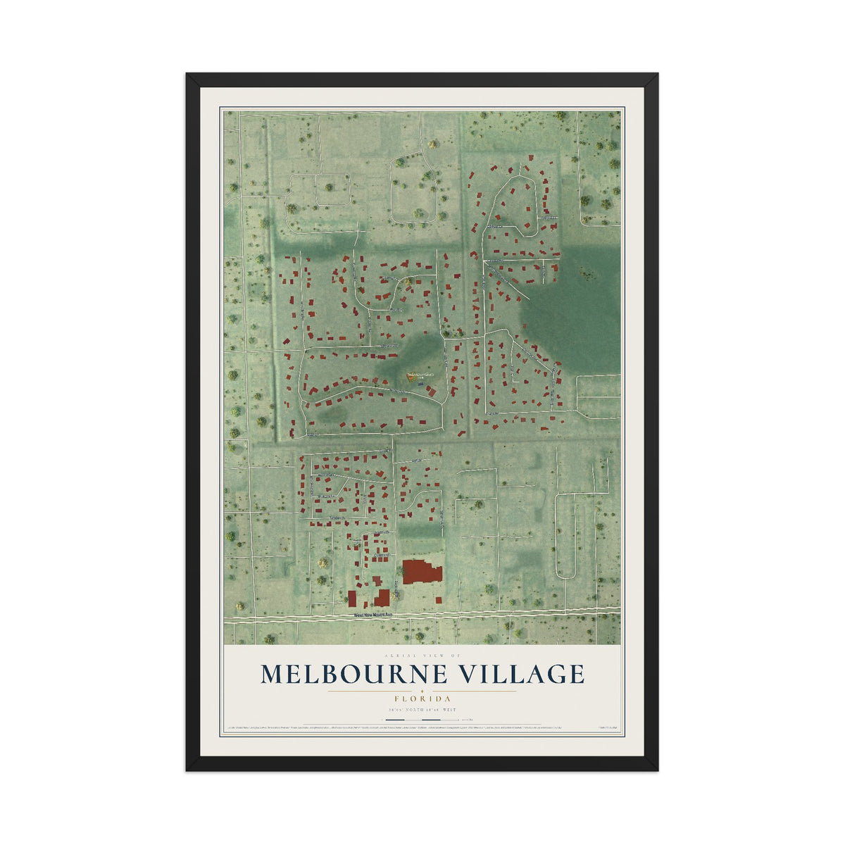 Melbourne Village, Florida map print, 12" x 18" W/ Black Ayous Wood Frame mockup