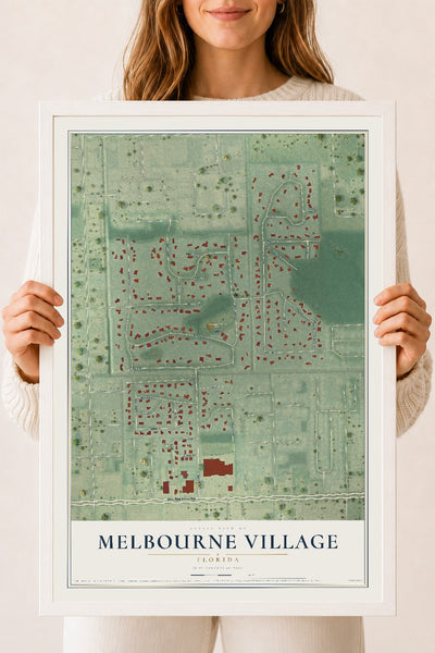 Melbourne Village, Florida map print, 18" x 24" W/ White Ayous Wood Frame mockup