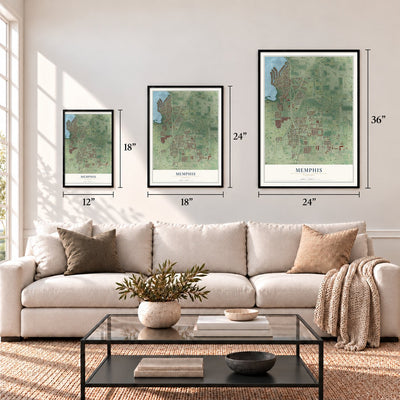 Memphis, Florida map in 12 x 18, 18 x 24 and 24 x 36 inch sizes above a sofa