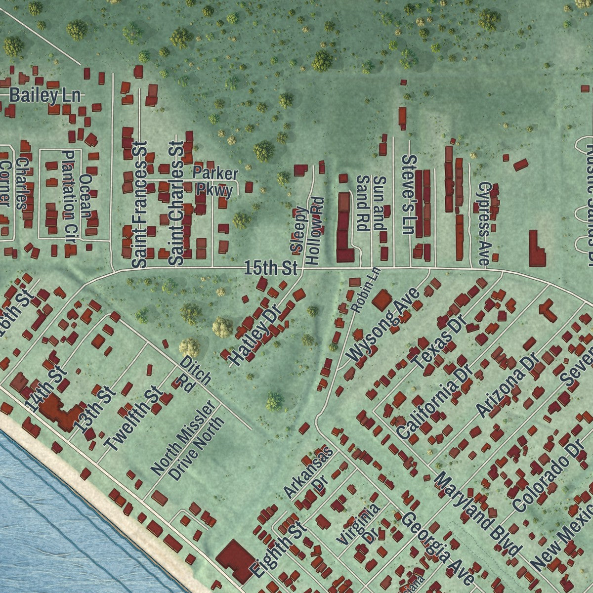Close-up 1 of the Mexico Beach, Florida map artwork