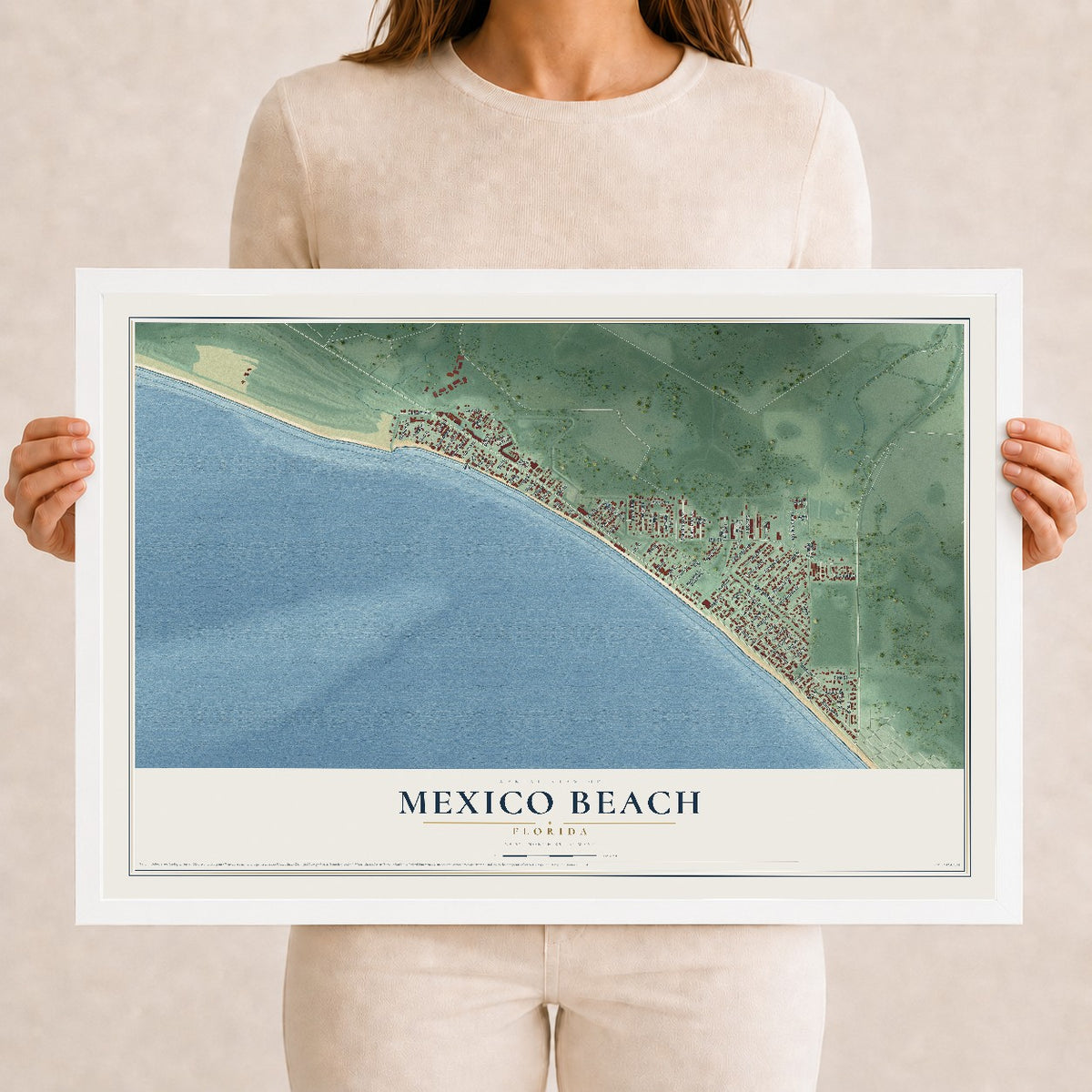 Mexico Beach, Florida map print, 12" x 18" W/ White Ayous Wood Frame mockup