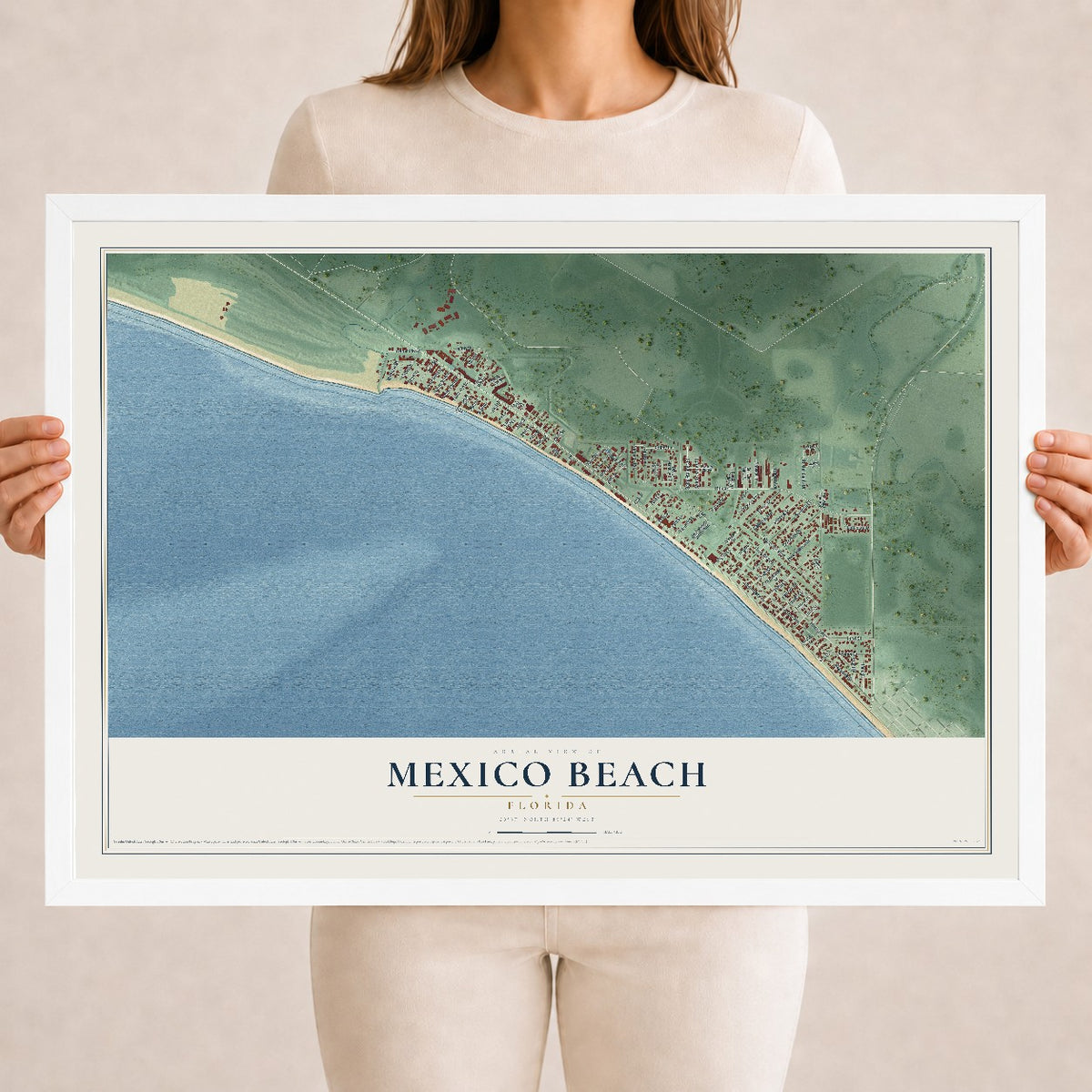 Mexico Beach, Florida map print, 18" x 24" W/ White Ayous Wood Frame mockup