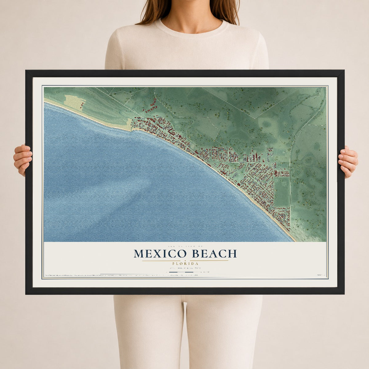 Mexico Beach, Florida map print, 24" x 36" W/ Black Ayous Wood Frame mockup